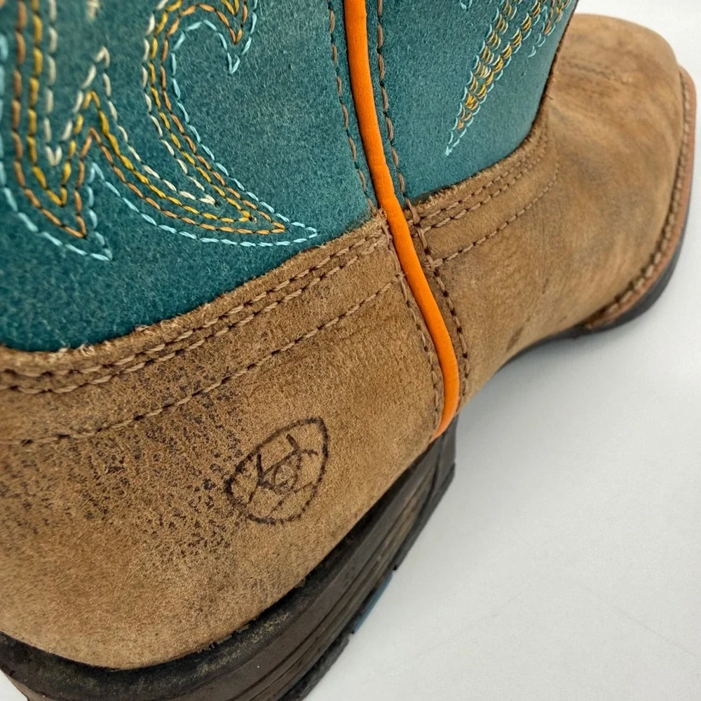 Ariat Western Boots Kids Size 1 Brown Teal 10053621 Square Toe Leather Cowboy